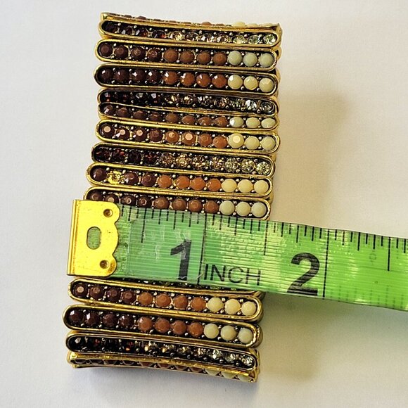 Gold Tone and Brown Wide Cuff Embellished Stretchy Bracelet - Picture 3 of 12